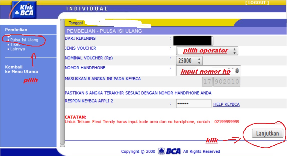 Cara isi Pulsa Lewat Internet Banking BCA (KlikBCA)